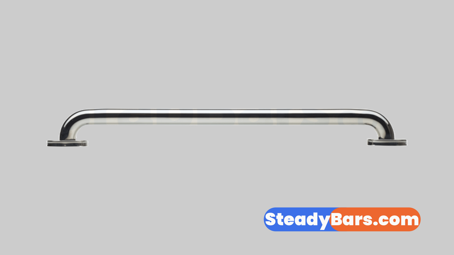 Polished grab bar on a gray background with 'SteadyBars.com' branding.