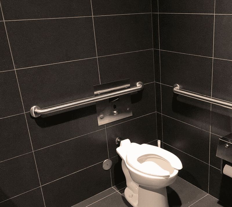 Brushed grab bars on dark charcoal tile