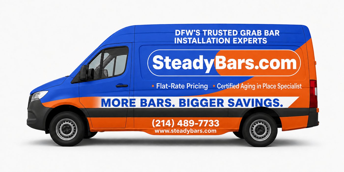 SteadyBars installation van — DFW's trusted grab bar installation experts, (214) 489-7733