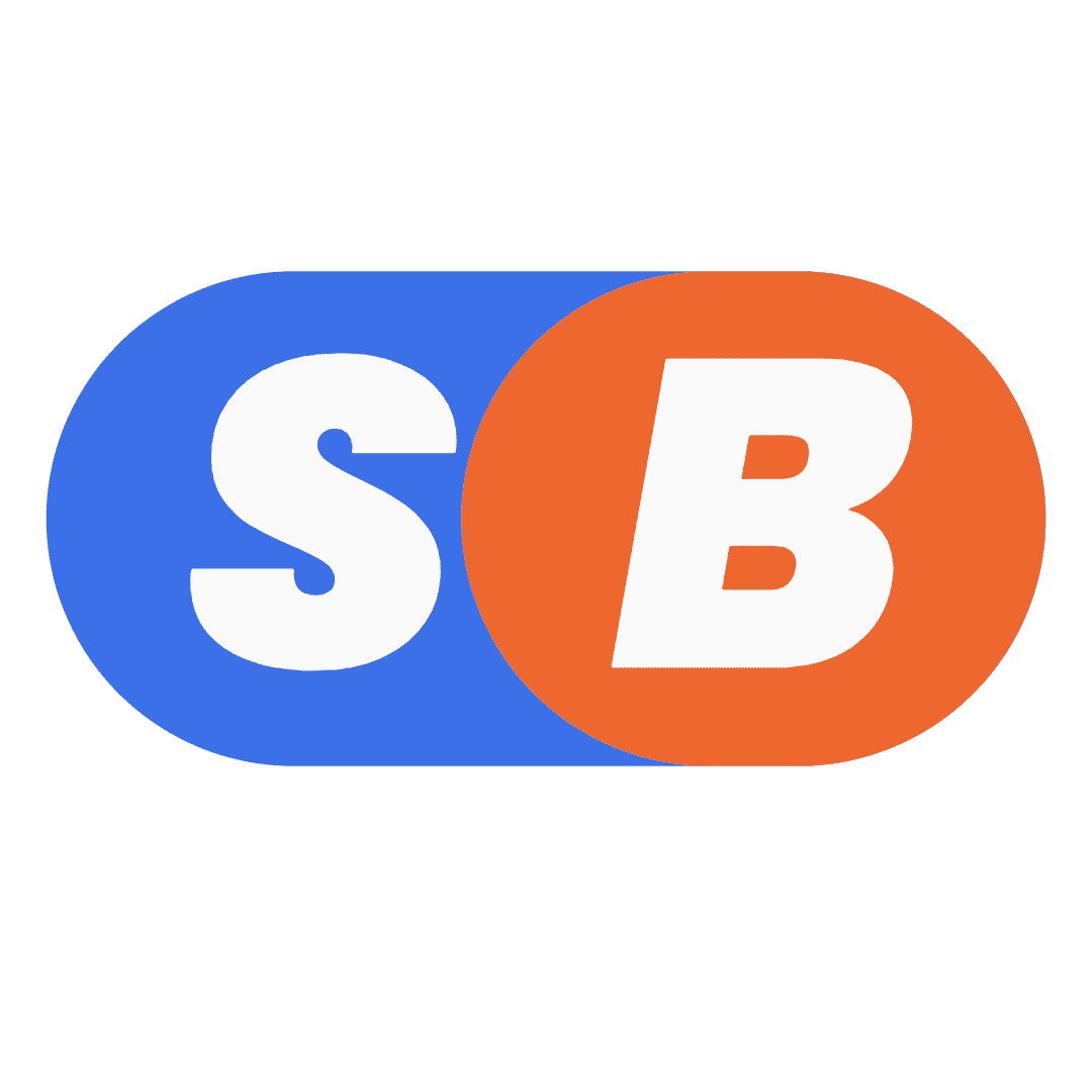 Logo with 'SB' letters, one in blue and one in orange on a green background