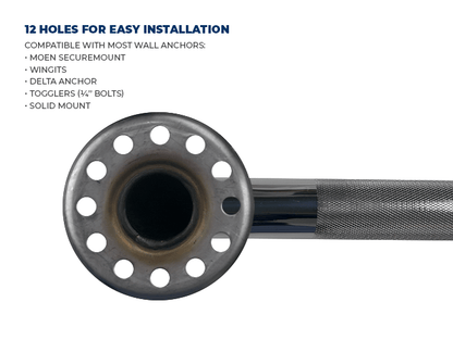 Grab bar with holes for installation, text on compatibility and features.
