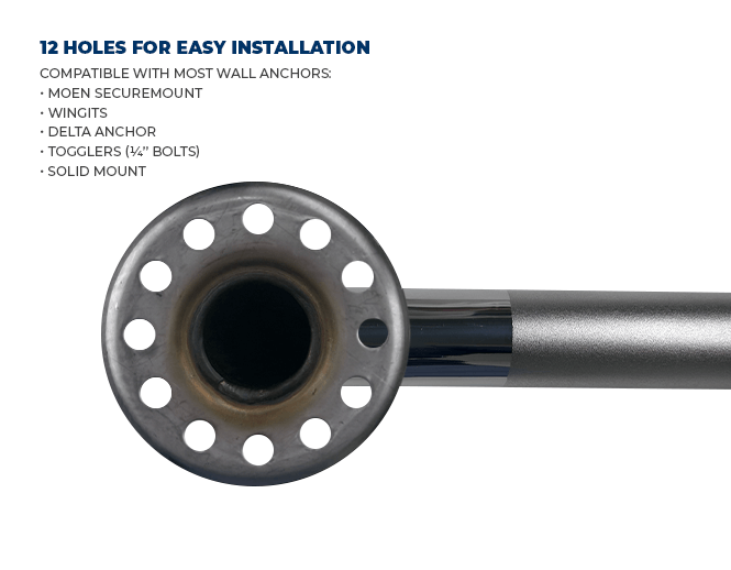 Grab bar with holes for installation on a white background