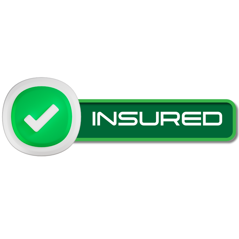 Green 'INSURED' label with a white check mark on a white background