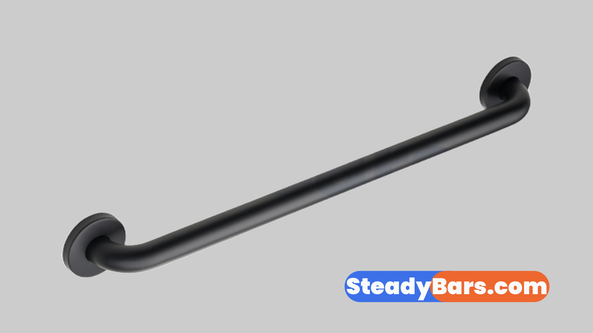 Matte black grab bar on a gray background with 'SteadyBars.com' branding.