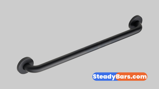 Matte black grab bar on a gray background with 'SteadyBars.com' branding.