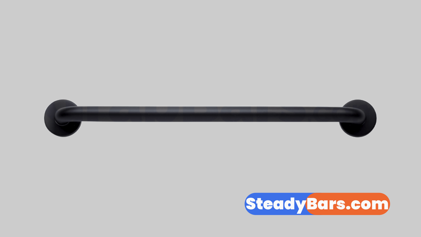 Matte black grab bar on a gray background with 'SteadyBars.com' branding.