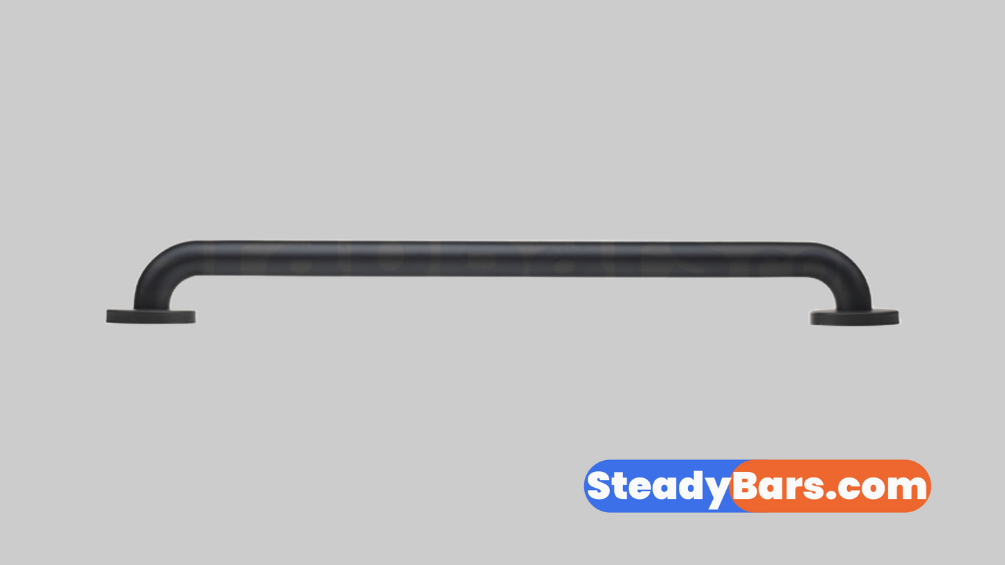 Matte black grab bar on a gray background with 'SteadyBars.com' branding.