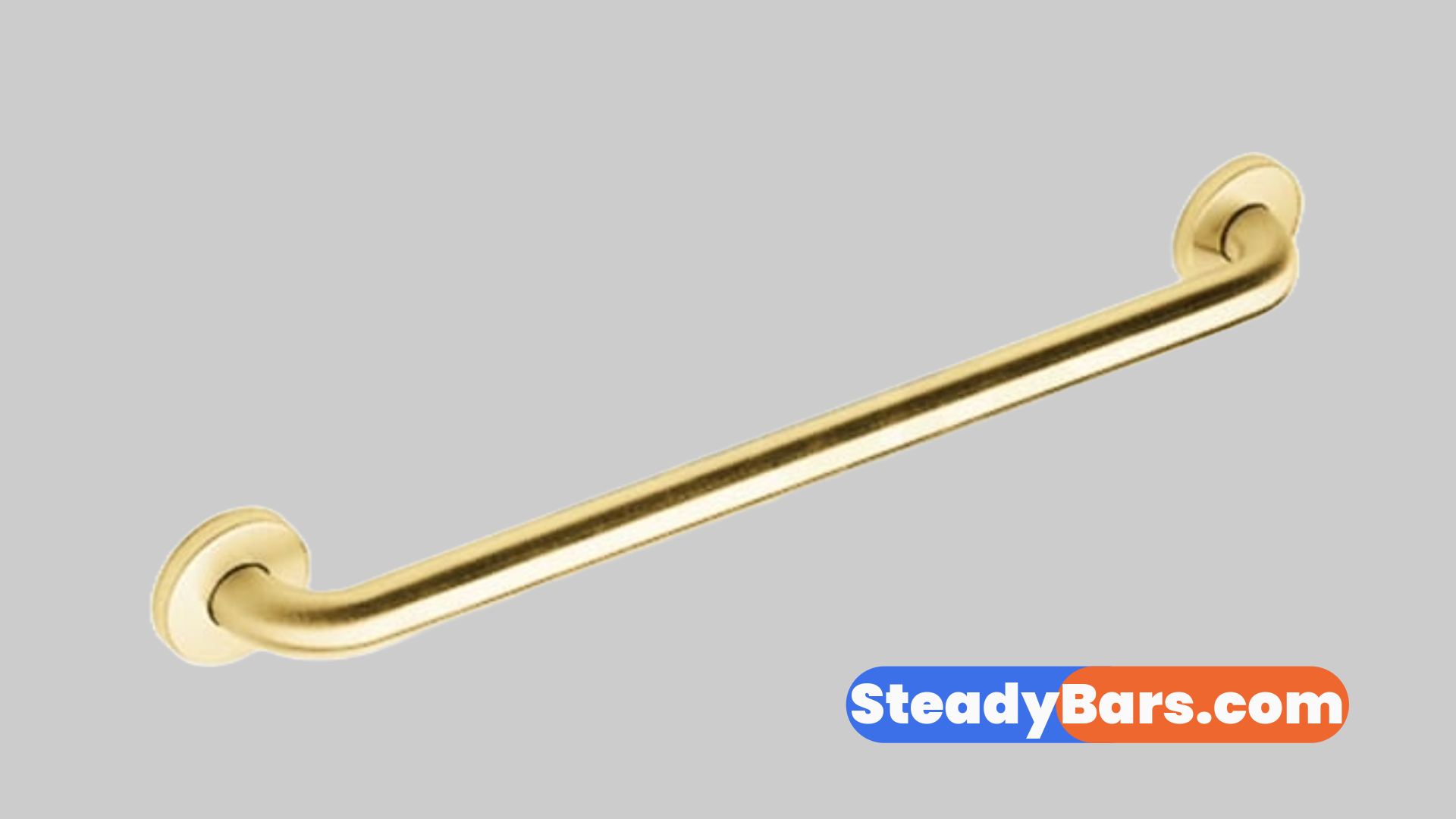 Brushed brass grab bar on a gray background with 'SteadyBars.com' branding.