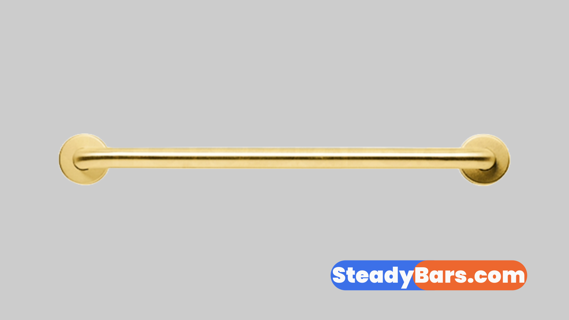 Brushed brass grab bar on a gray background with 'SteadyBars.com' branding.