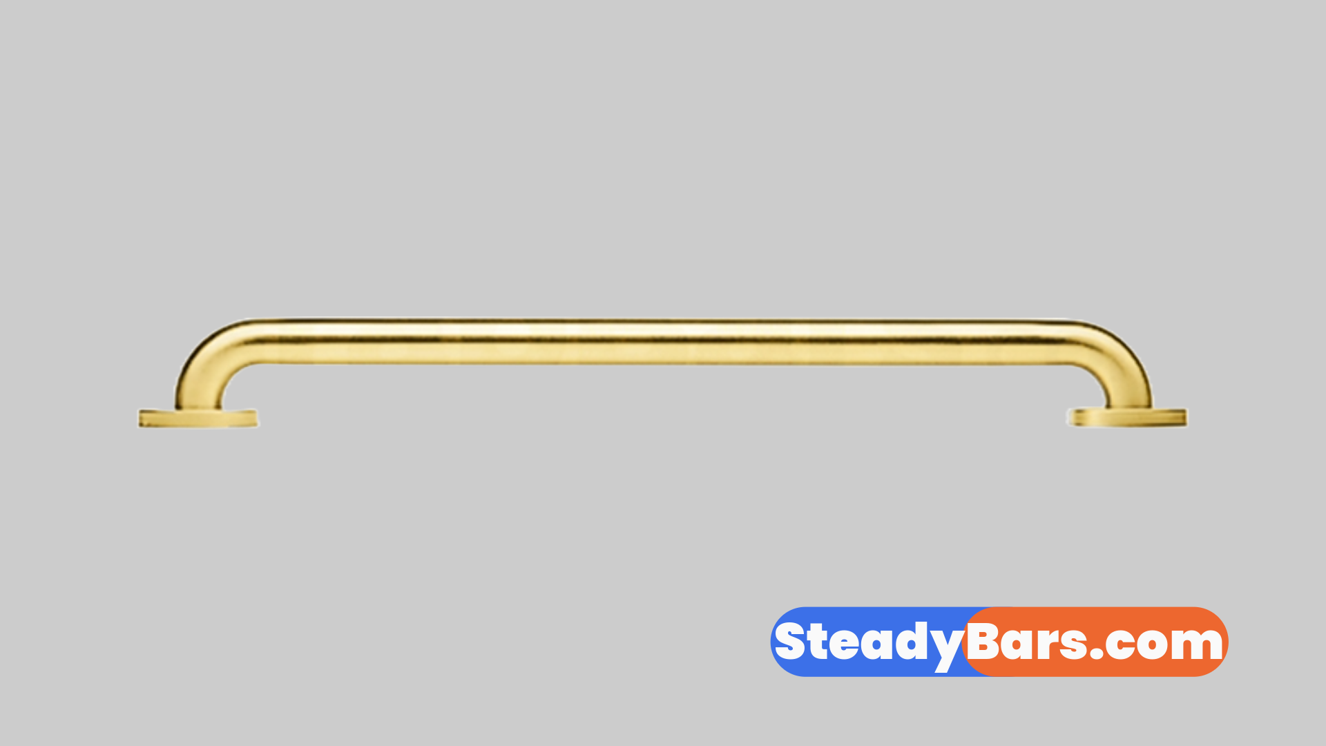 Brushed brass grab bar on a gray background with 'SteadyBars.com' branding.