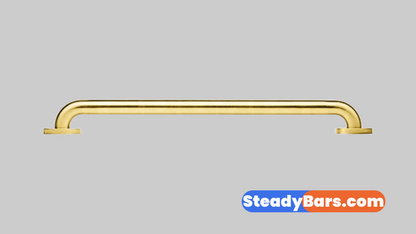 Brushed brass grab bar on a gray background with 'SteadyBars.com' branding.