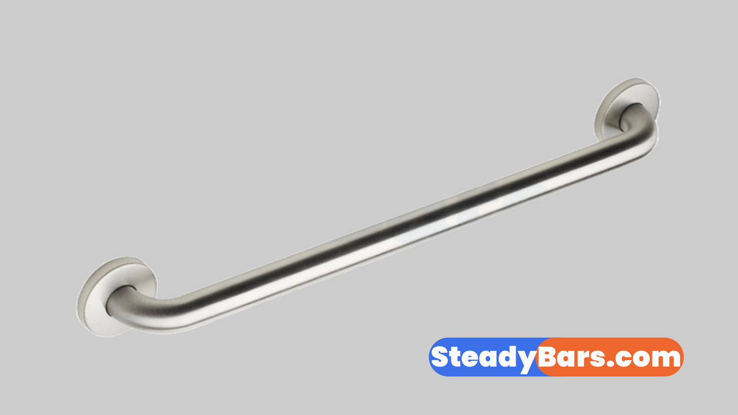 Brushed grab bar on a gray background with 'SteadyBars.com' branding.