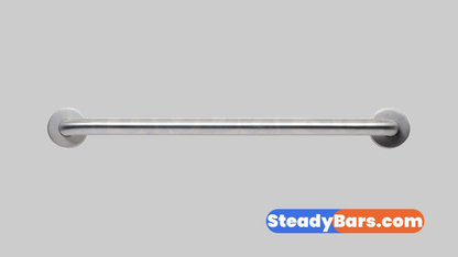 Brushed grab bar on a gray background with 'SteadyBars.com' branding.