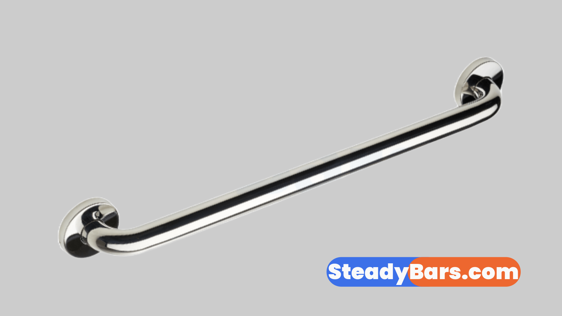 Polished grab bar on a gray background with 'SteadyBars.com' branding.