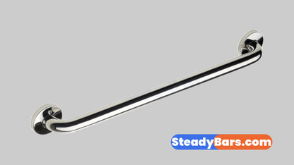 Polished grab bar on a gray background with 'SteadyBars.com' branding.