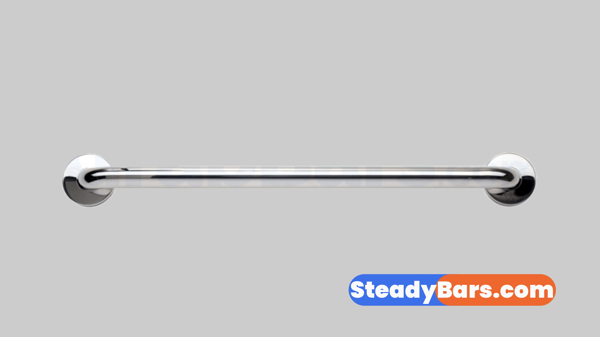 Polished grab bar on a gray background with 'SteadyBars.com' branding.